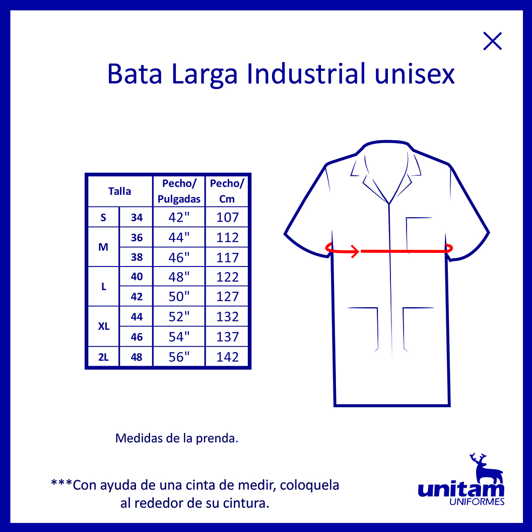 Bata Industrial 3/4 100% Algodón botón oculto