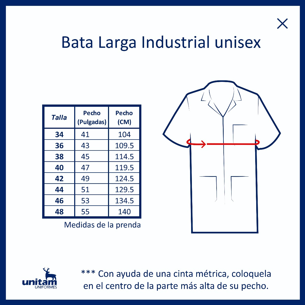 Bata Industrial 3/4 100% Algodón botón oculto